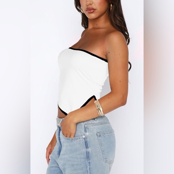 Y2K Strapless White with Black Trim Tube Top Womens L Asymmetric Crop Top New - Picture 3 of 6